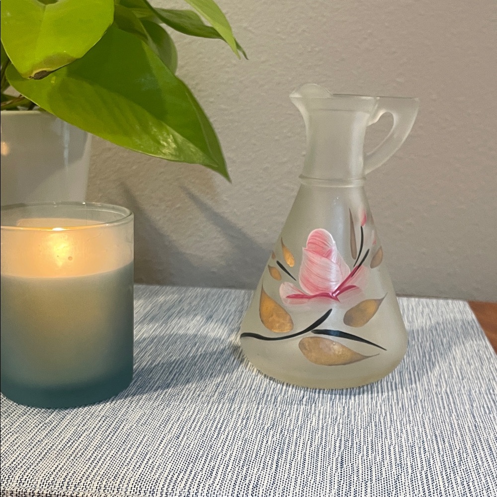 Vintage Hazel Atlas Frosted Glass Cruet – Hand-Painted Pink Floral